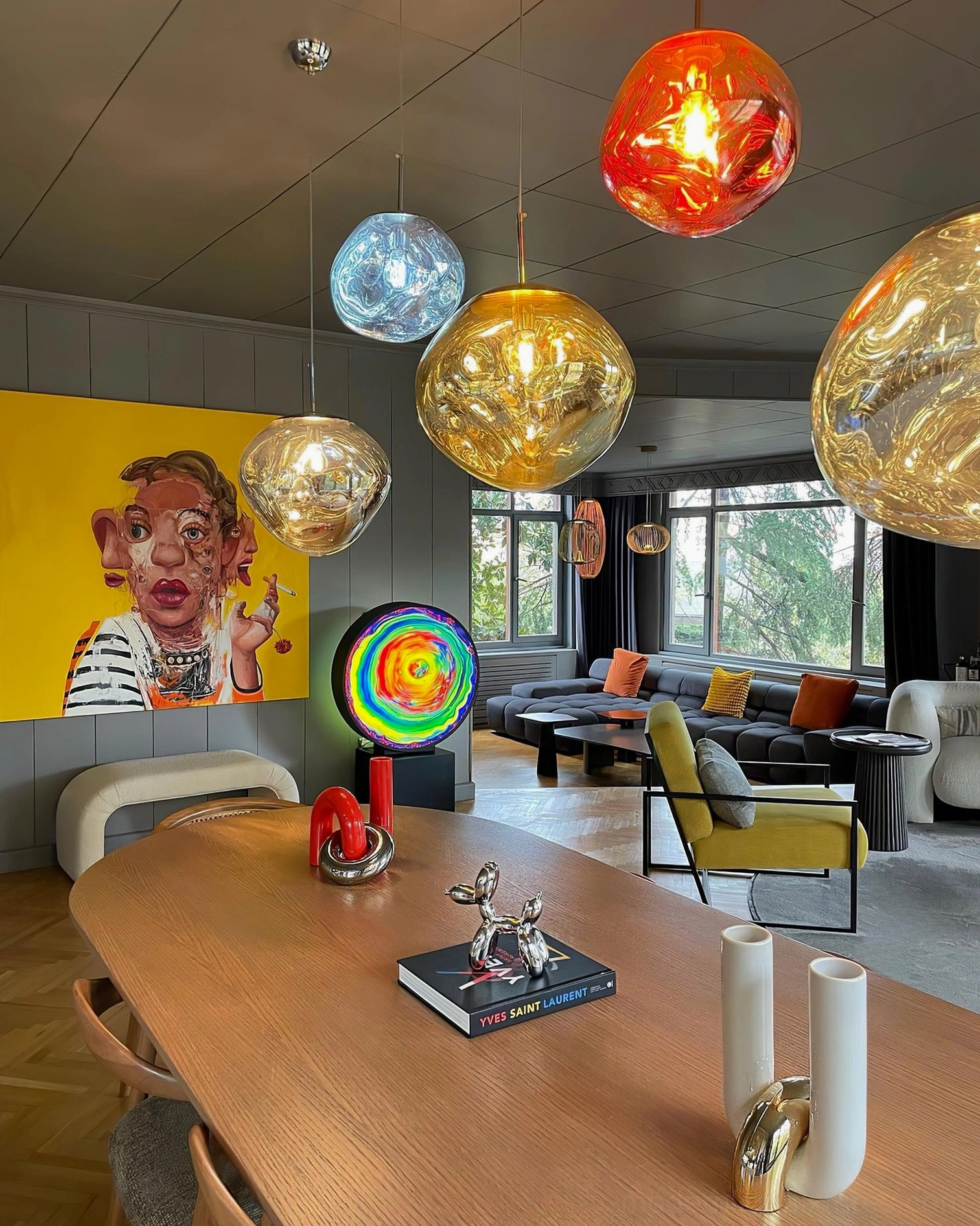Lava pendant lamp reflective mirror finish metallic sculptural ceiling piece