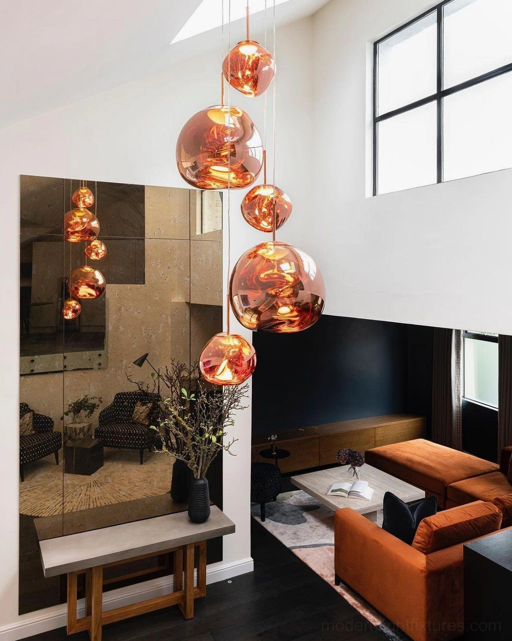 Contemporary metallic pendant shade sculptural mirror effect lighting