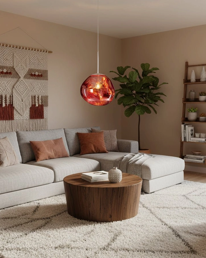 Contemporary pendant lamp sculptural form with reflective mirror surface