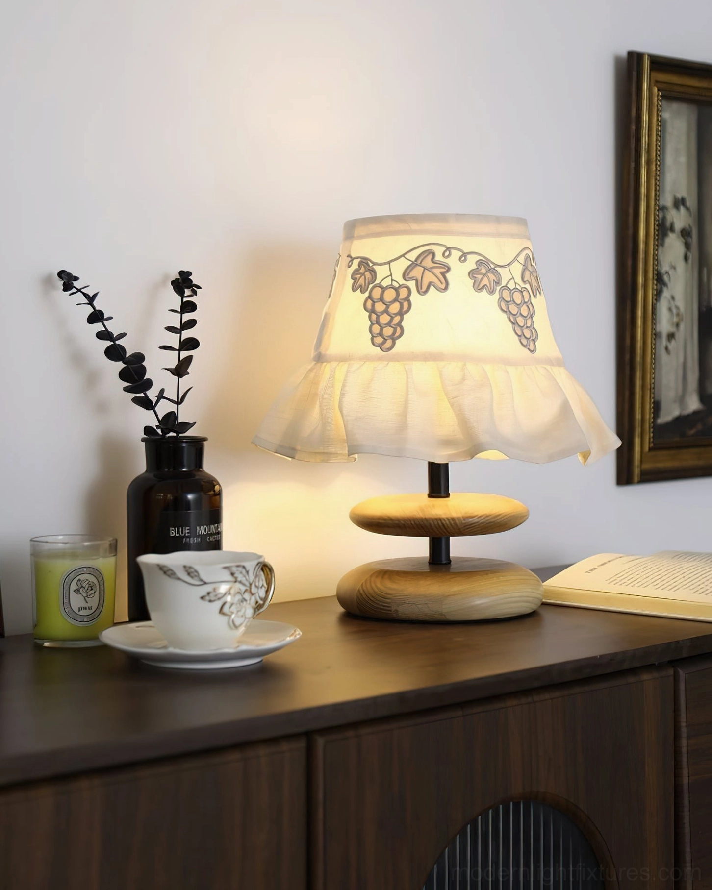 Lavelle illuminated table lamp warm glow wooden cabinet display with vintage decor ambiance