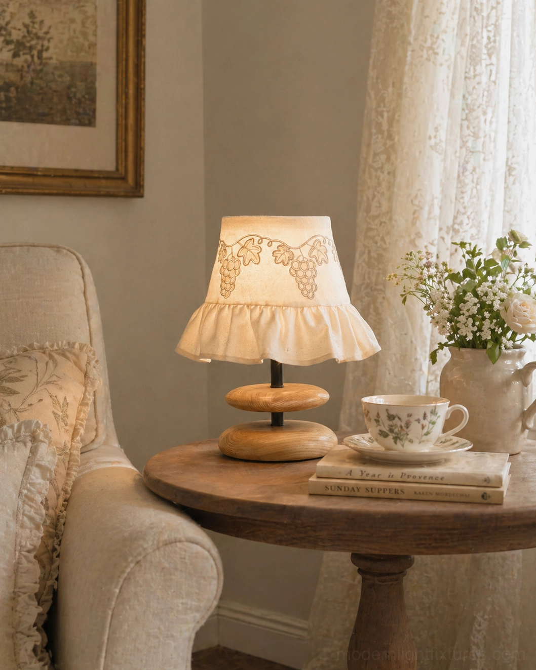 Lavelle embroidered fabric table lamp living room side table with teacup and floral pitcher