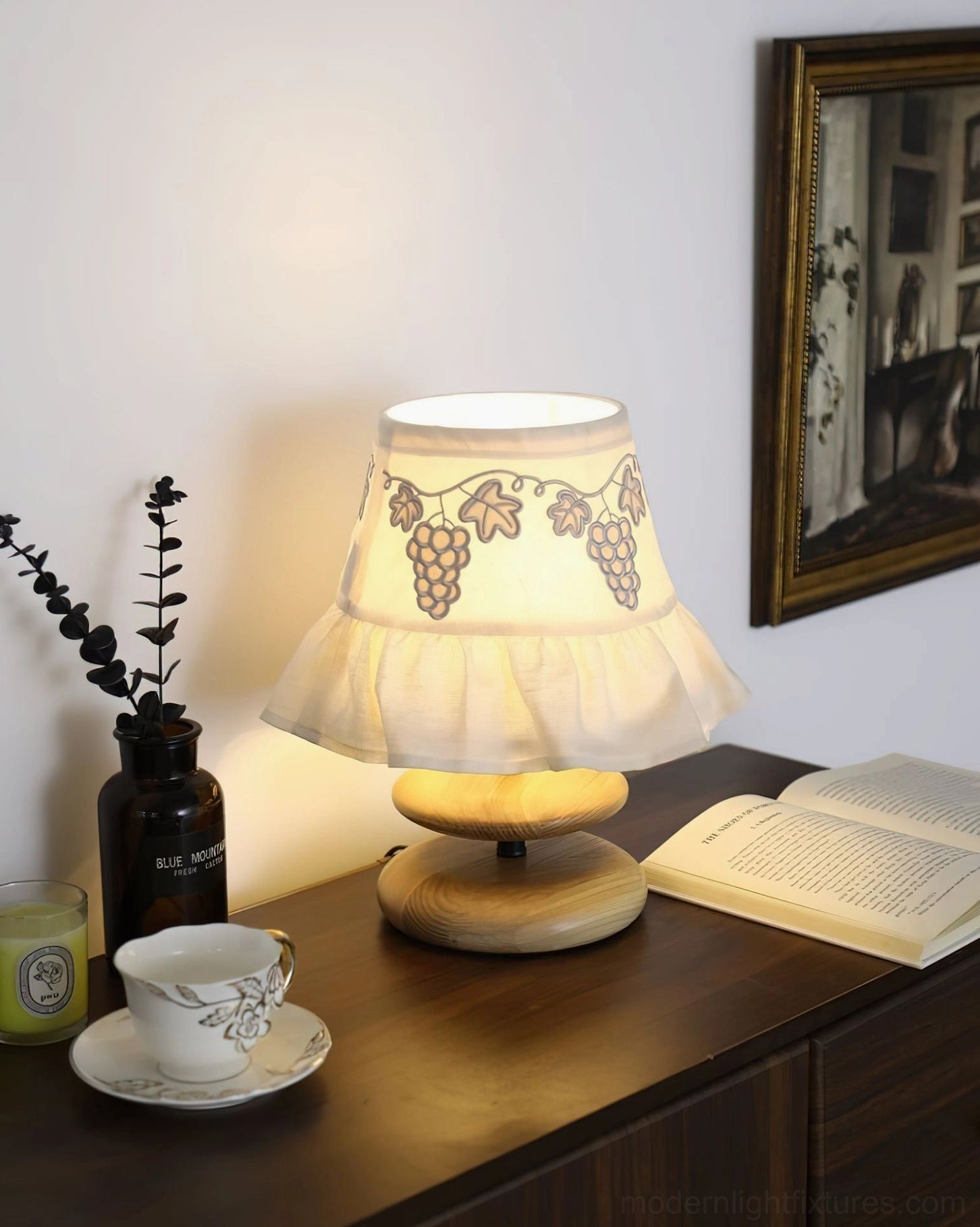 Lavelle pleated fabric table lamp shade embroidery botanical vine grape motif close-up