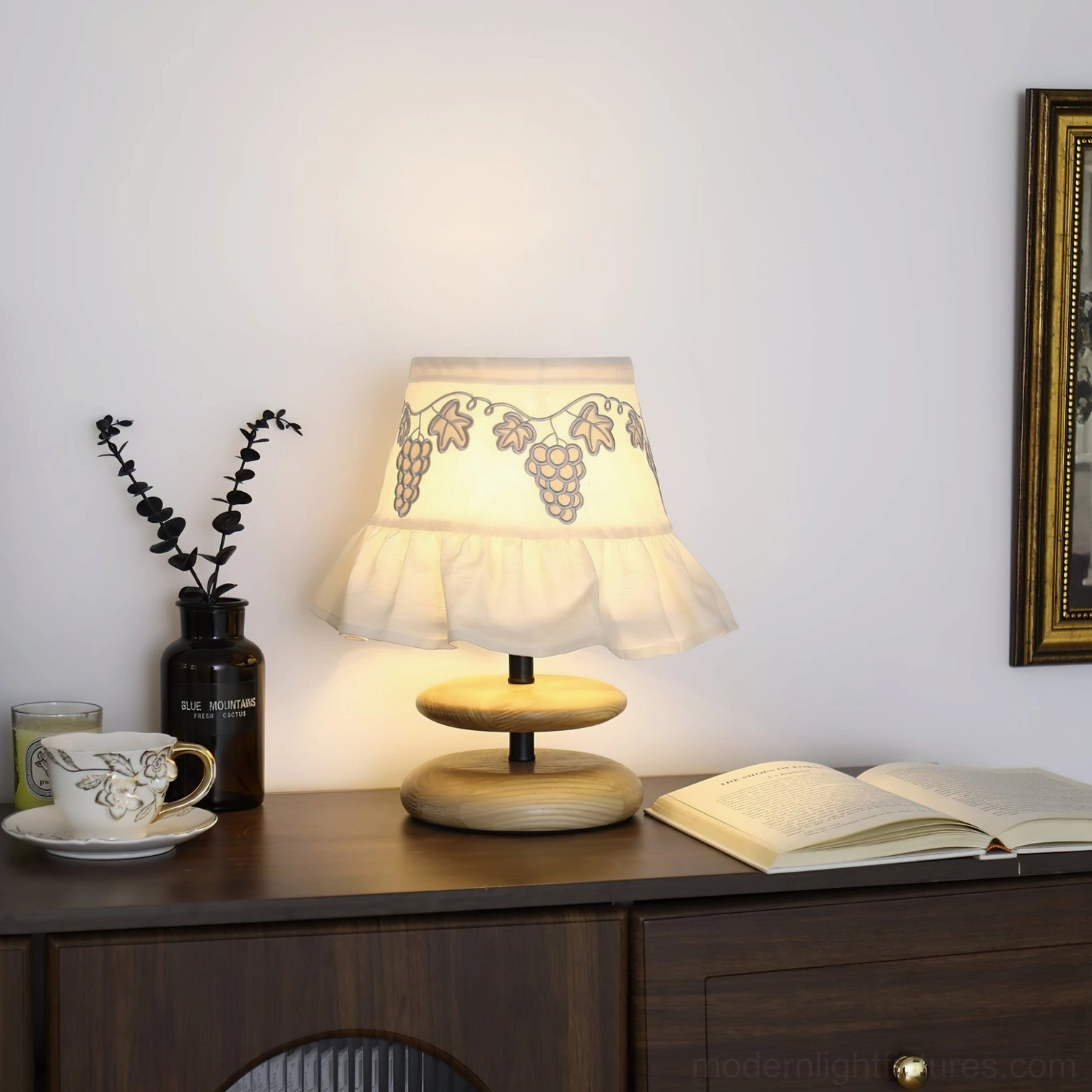 Lavelle fabric table lamp stacked wooden base construction organic form design