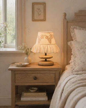 Lavelle ruffled fabric table lamp three-quarter view showing wooden base and embroidered shade edges