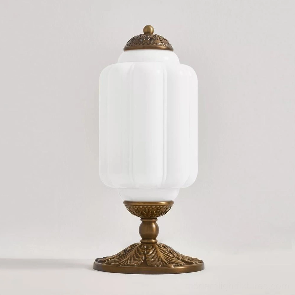 Lavender purple glass Eloise table lamp with ornate bronze finial and romantic vintage style