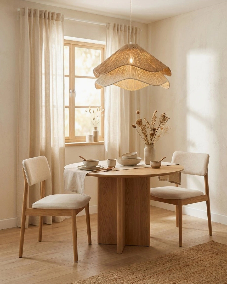 Layered jute-cord scalloped pendant light side angle in warm Scandinavian boho dining space