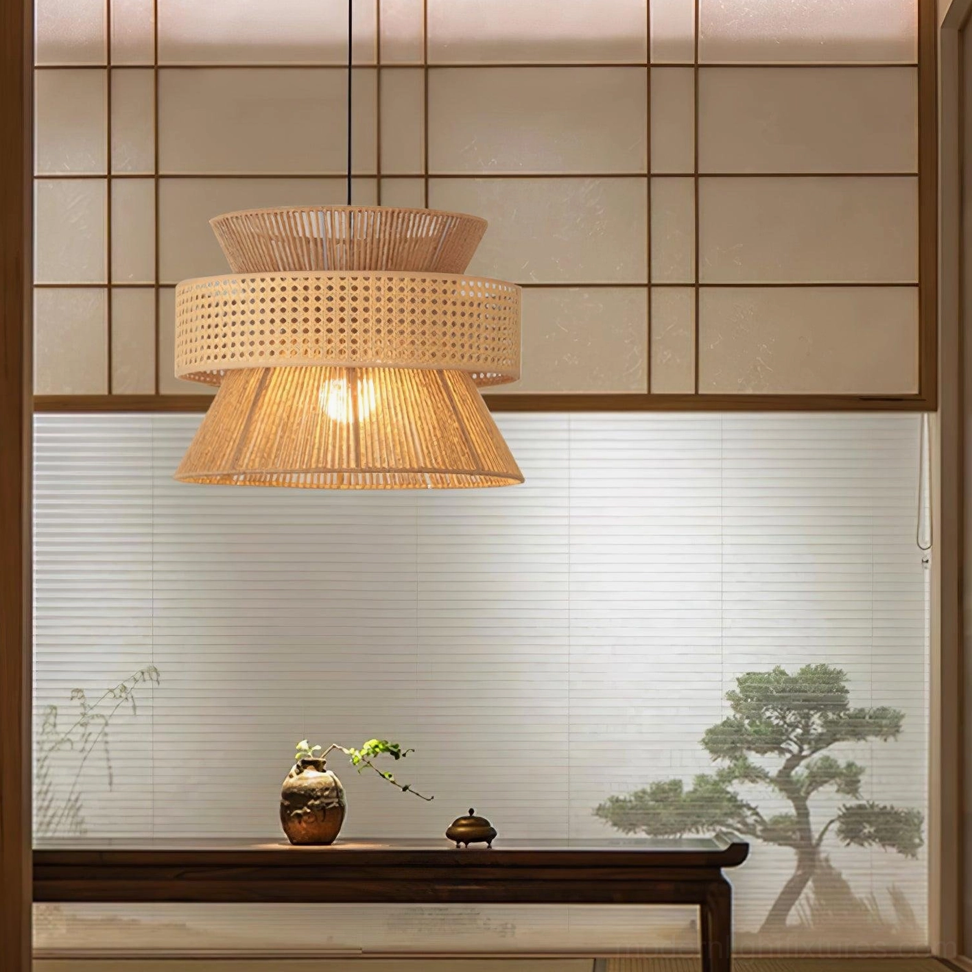 Layered tower-shaped rattan pendant lamp in beige woven oriental style for tatami dining room
