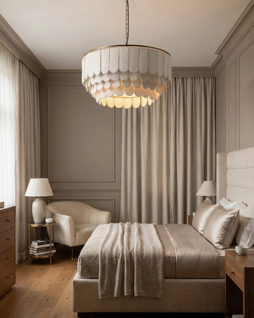 Minimalist warm neutral tiered scalloped chandelier in master bedroom with upholstered bed frame and lounge chair