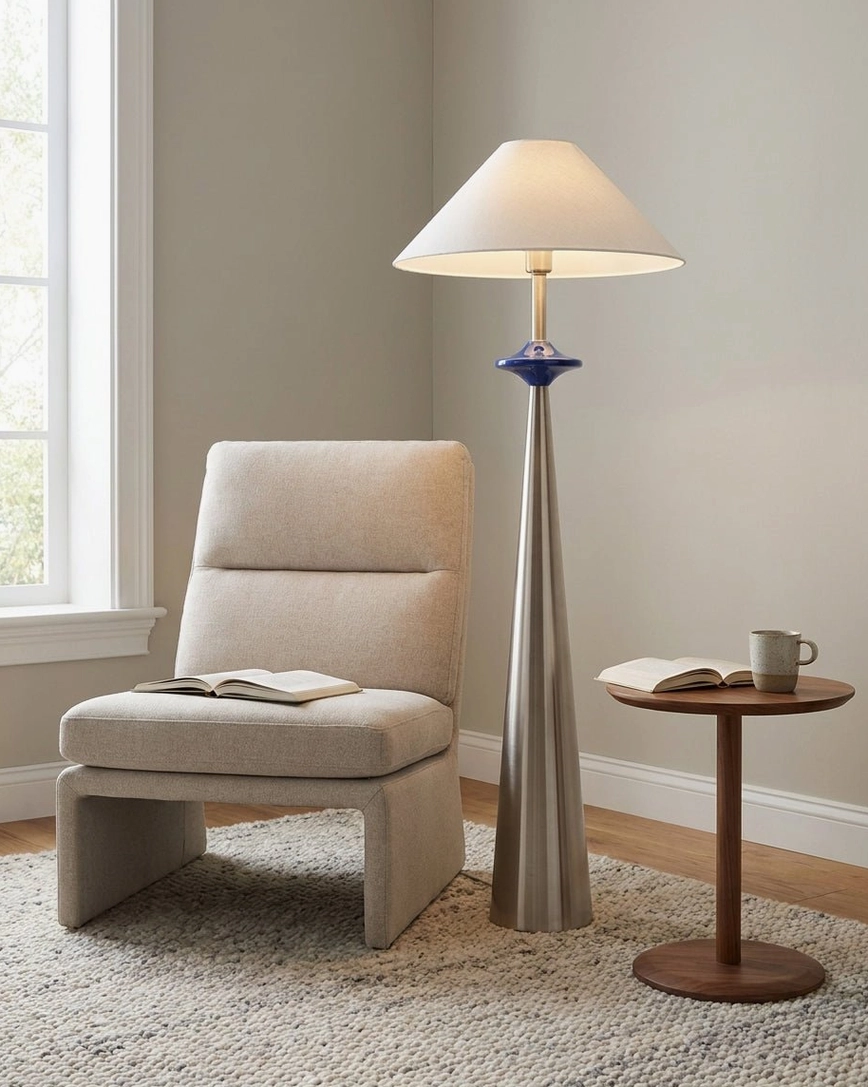 Lazuro floor lamp positioned in compact home sitting nook beside beige fabric armchair, silver tapered base with blue accent