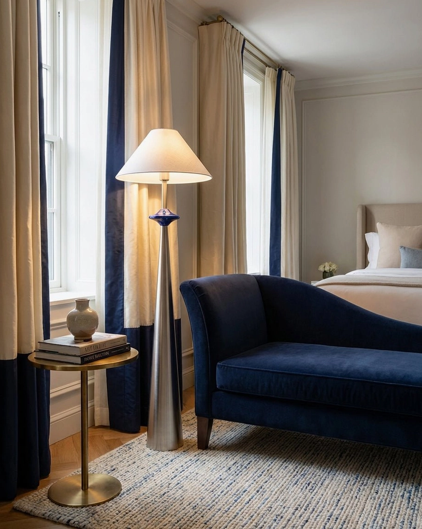 Tall stainless steel cone floor lamp beside dark blue velvet sofa in bright modern lounge with large windows
