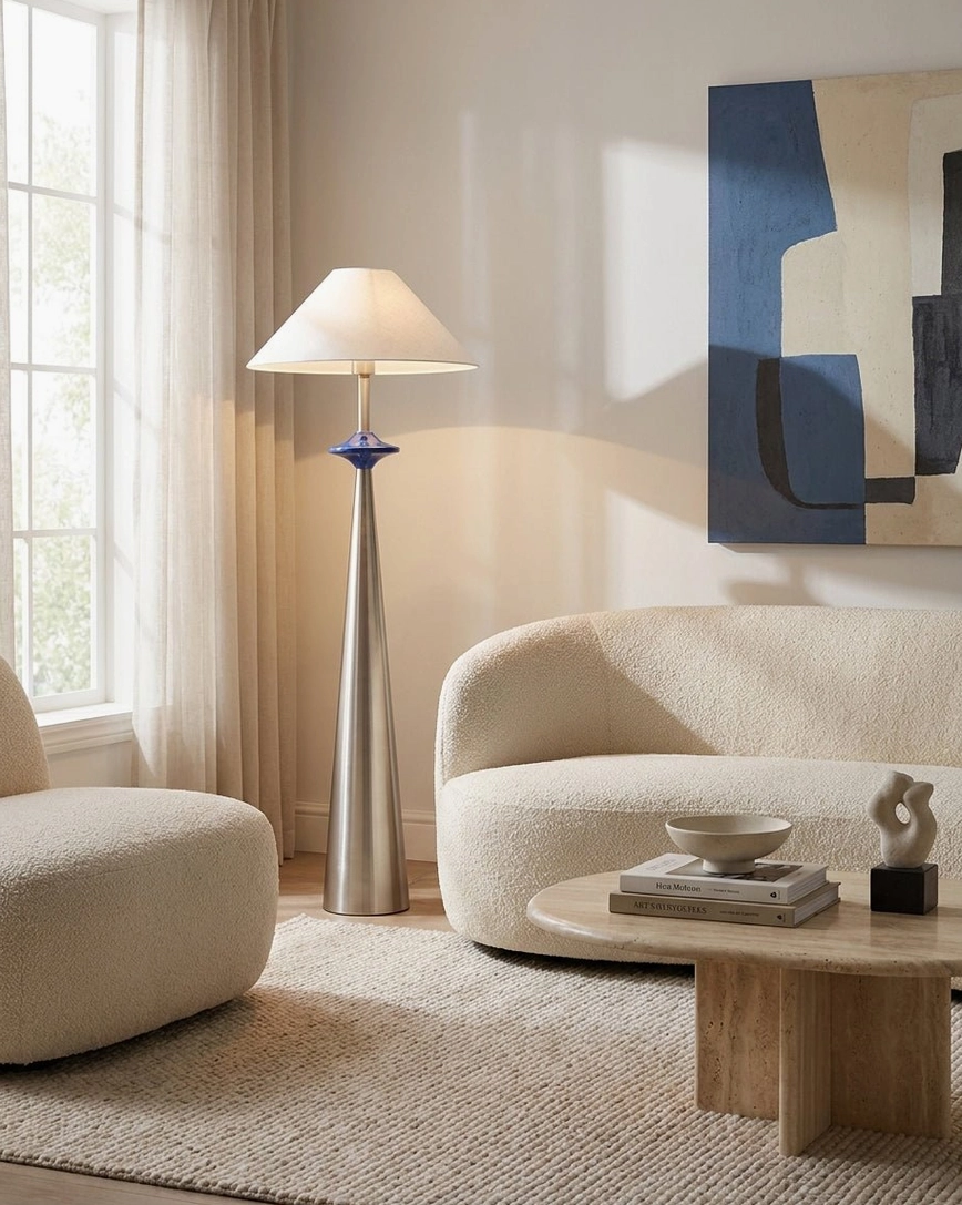 Cone floor lamp tri-color LED brightness demonstration showing warm white, neutral white, and cool white settings