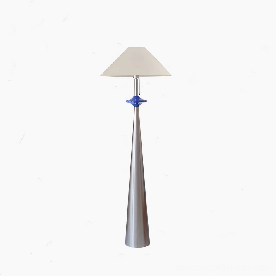 Lazuro cone floor lamp variant with silver base and beige cotton-linen shade, complete fixture view