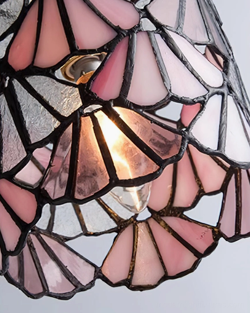Tina stained glass pendant lamp showing glass panel lead line detailing from bottom angle