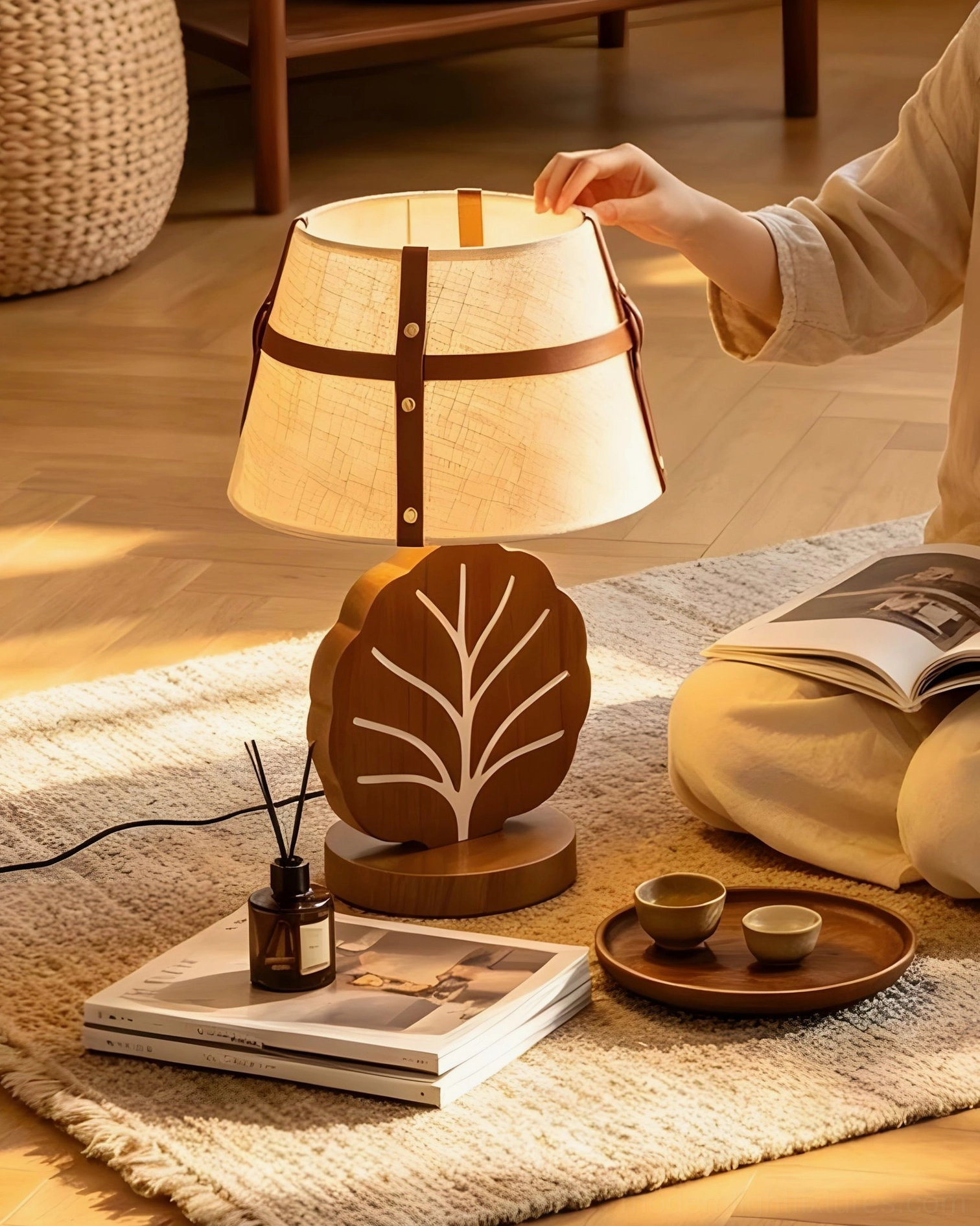 Leafora leaf-shaped table lamp on area rug in warm wood-floored living room with tea tray, books, and reed diffuser, Scandinavian rustic aesthetic