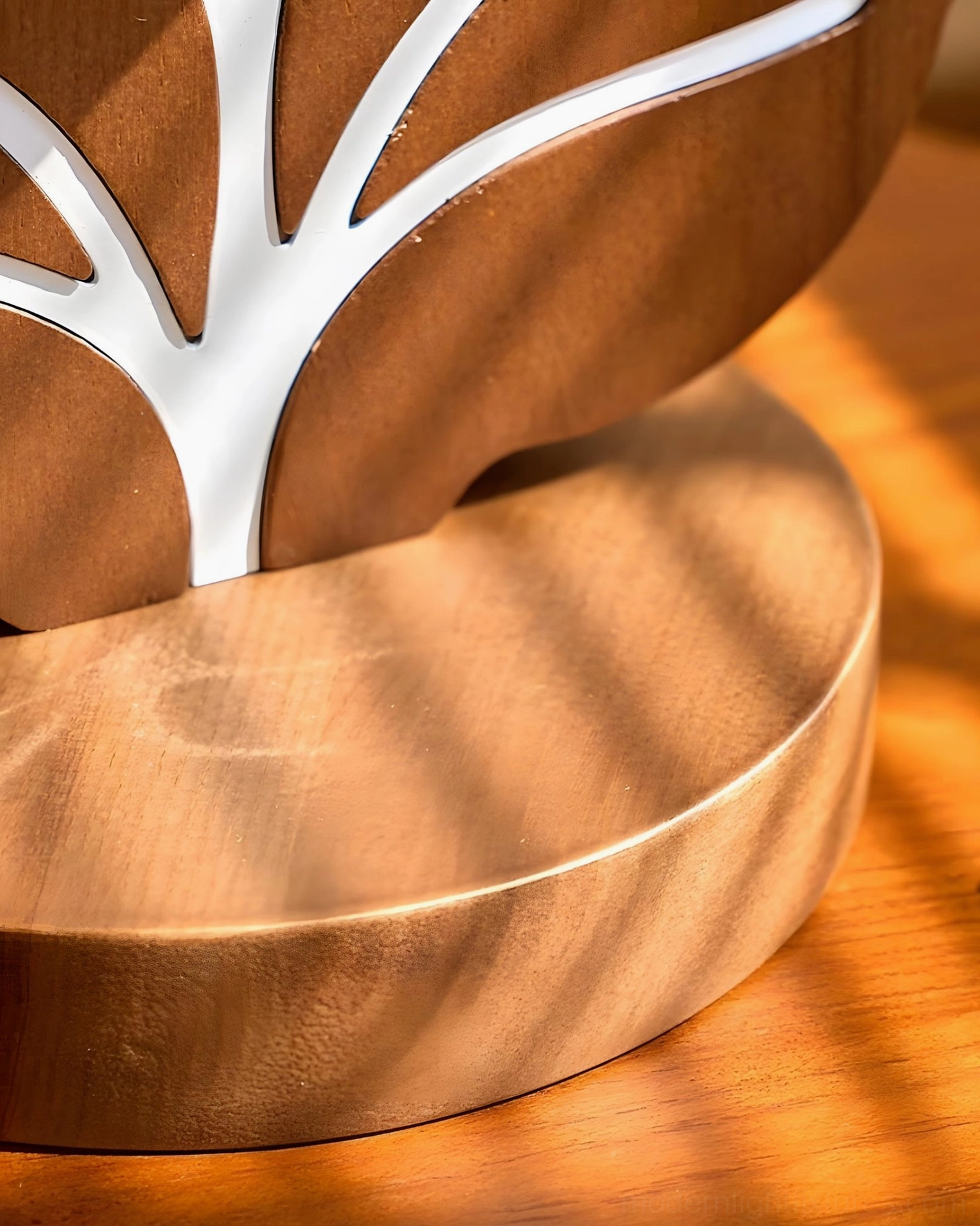 Leafora lamp base close-up - solid walnut ash wood with white-painted leaf vein inlay pattern, natural wood grain texture in sunlight
