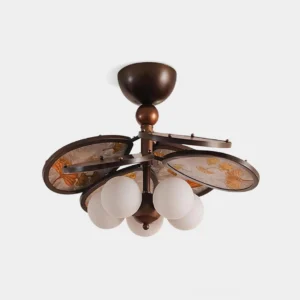 Leafora botanical ceiling light fixture with aged bronze frame and frosted white glass globes featuring delicate floral metal panels - front studio view