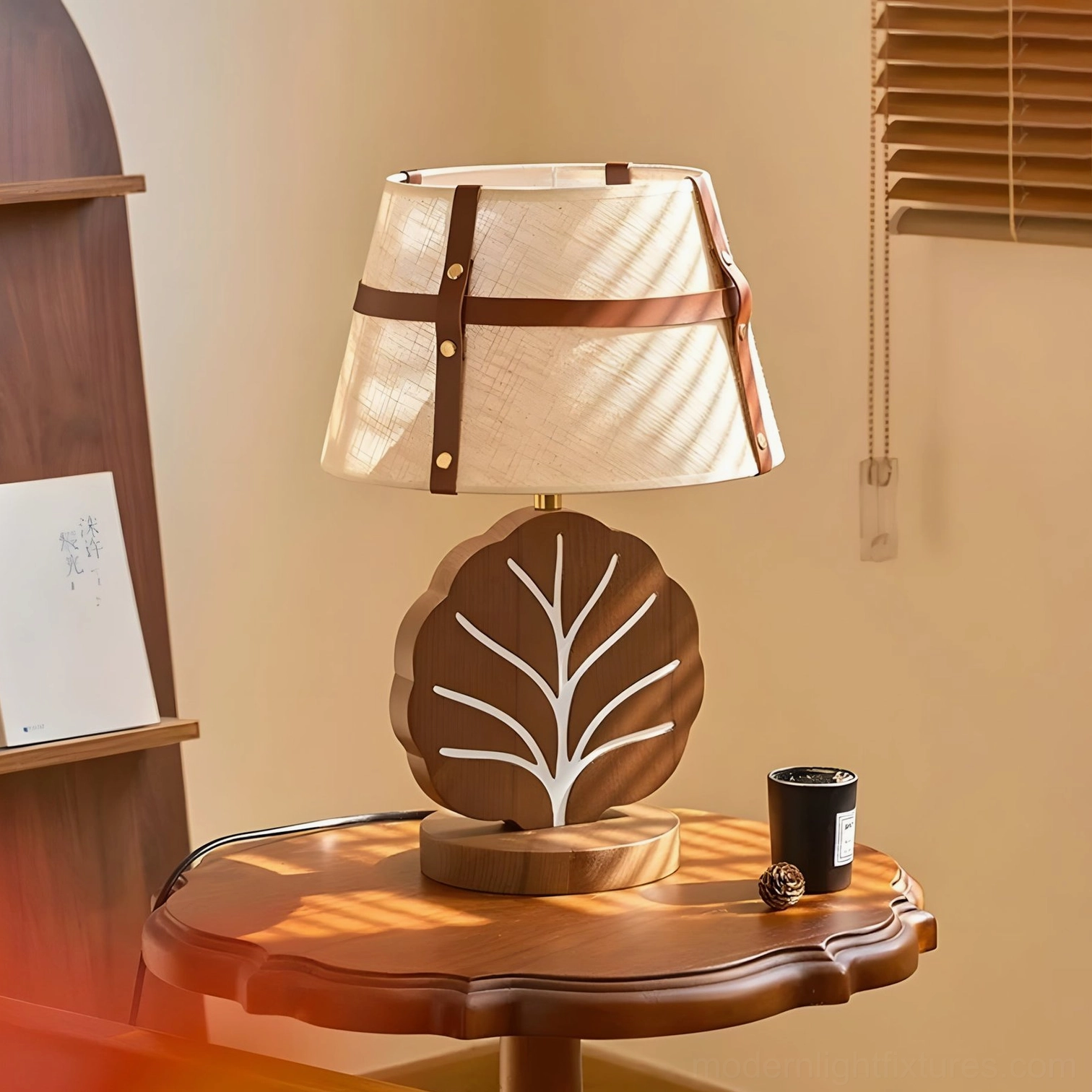 Leafora organic modern table lamp on wooden shelf with warm home décor, decorative candles, and nature-inspired accessories