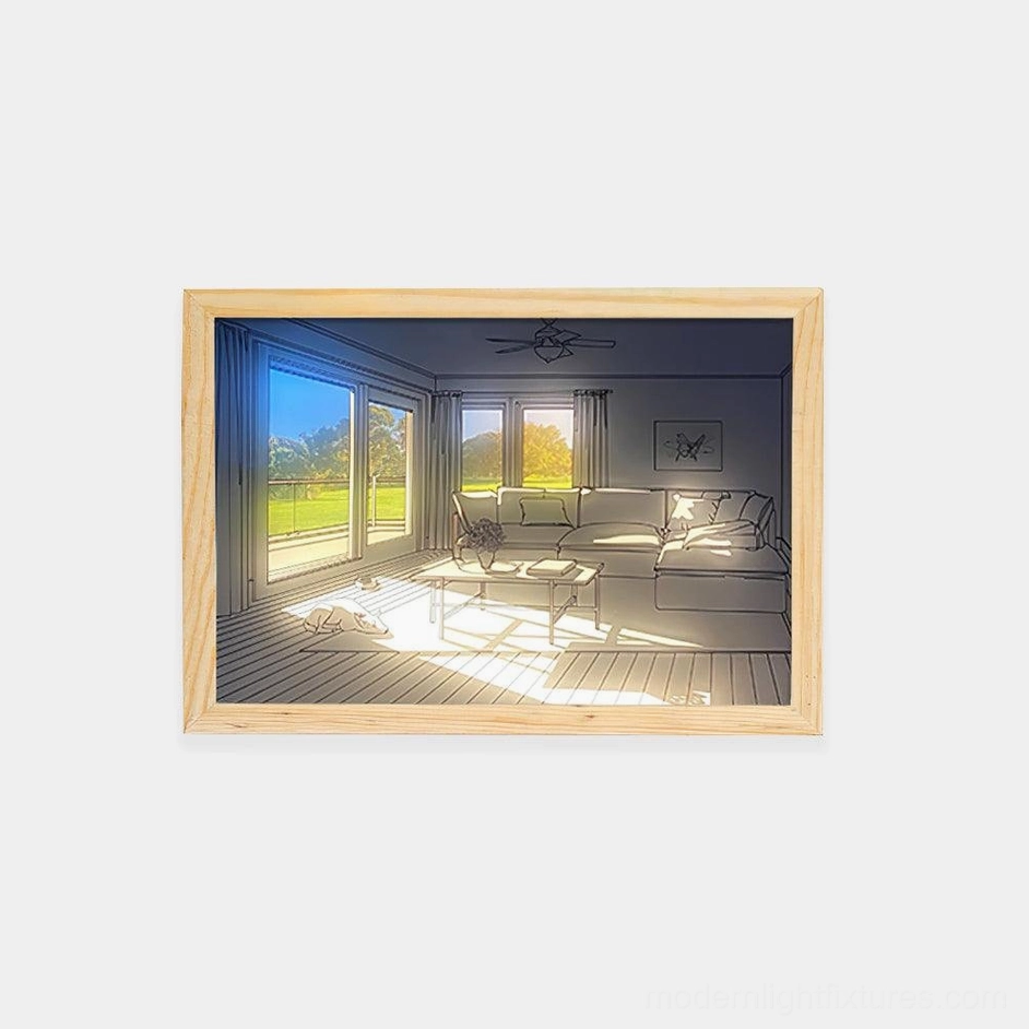 Modern LED art painting light with acrylic artwork and oak wood frame on white background