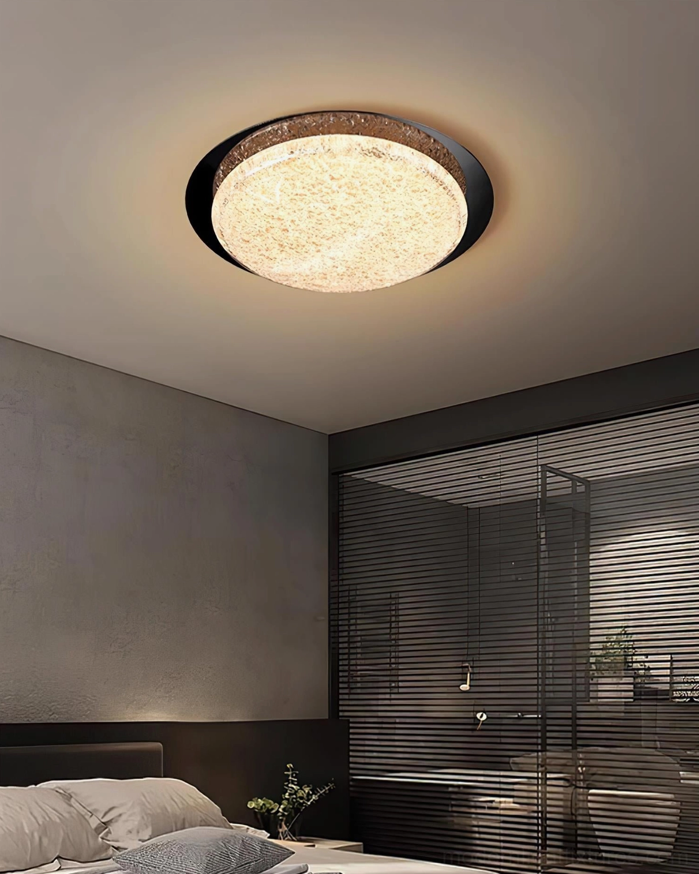 Black metal LED flush mount ceiling fixture with low-profile base - modern bedroom with glass partition