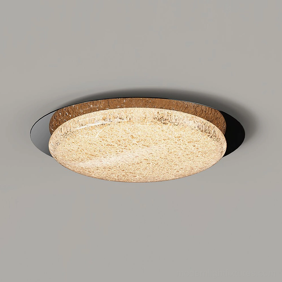 LED ceiling light fixture with brown wooden trim and textured glass diffuser - angled studio view