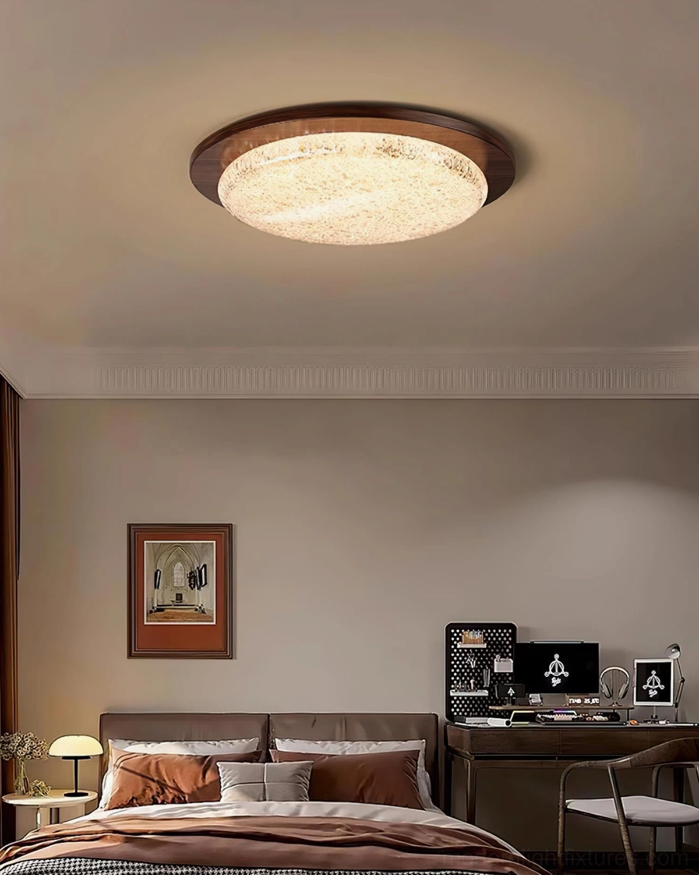 Contemporary LED ceiling fixture in home office bedroom hybrid space - eye-level ambient lighting view