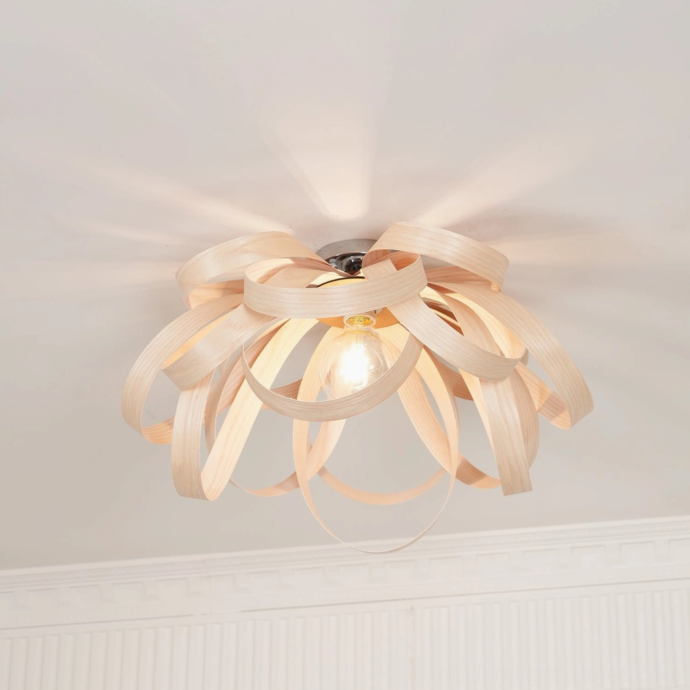 Energy-efficient LED compatible wooden petal ceiling light fixture