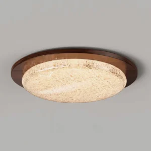 Slim profile LED ceiling fixture with walnut frame and frosted glass shade - close-up detail view