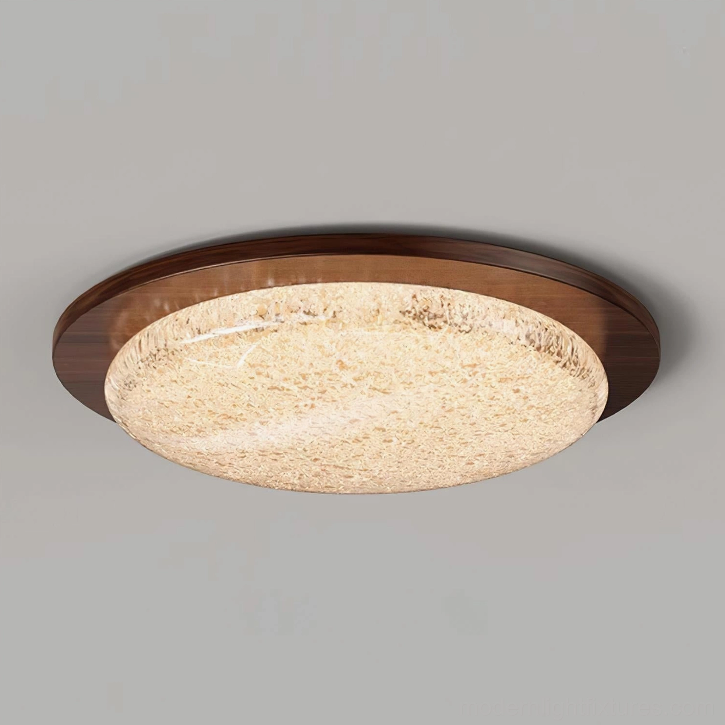 Slim profile LED ceiling fixture with walnut frame and frosted glass shade - close-up detail view