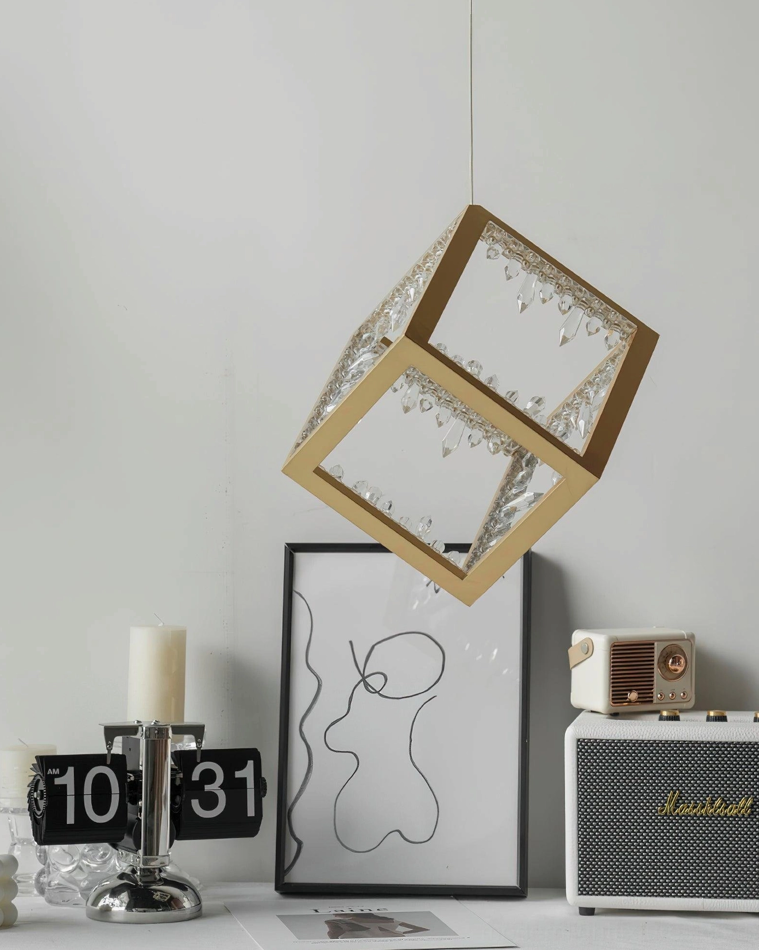 Contemporary luxury gold cube pendant light with LED integrated design and crystal panels