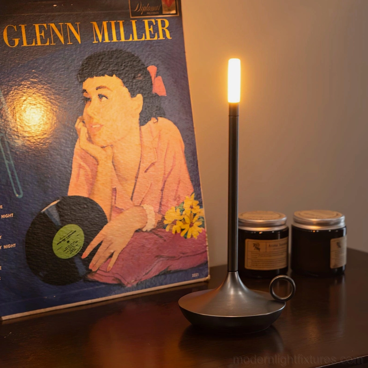 Modern LED candle table lamp with USB charging port at base for convenient device charging functionality