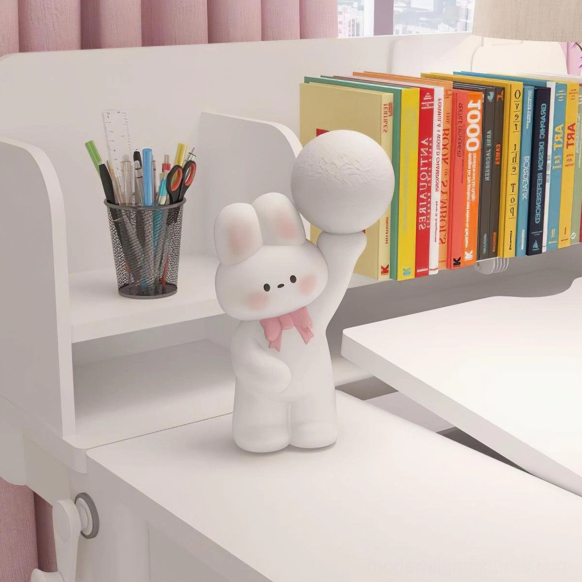 Integrated LED rabbit moon lamp with soft resin finish - contemporary decorative desk lamp for home office