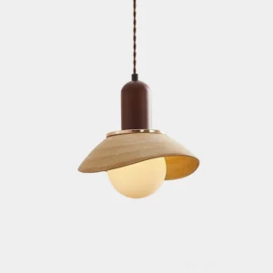 Legro ceramic pendant light with wavy beige shade and walnut wood fixture, front overhead view showing frosted G9 bulb and brass accent ring