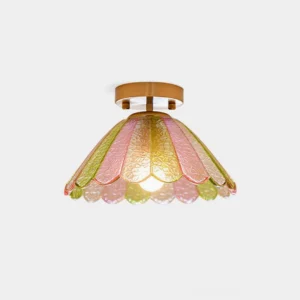 Leira floral petal stained glass flush mount ceiling light with textured gradient glass and brass base, front studio view
