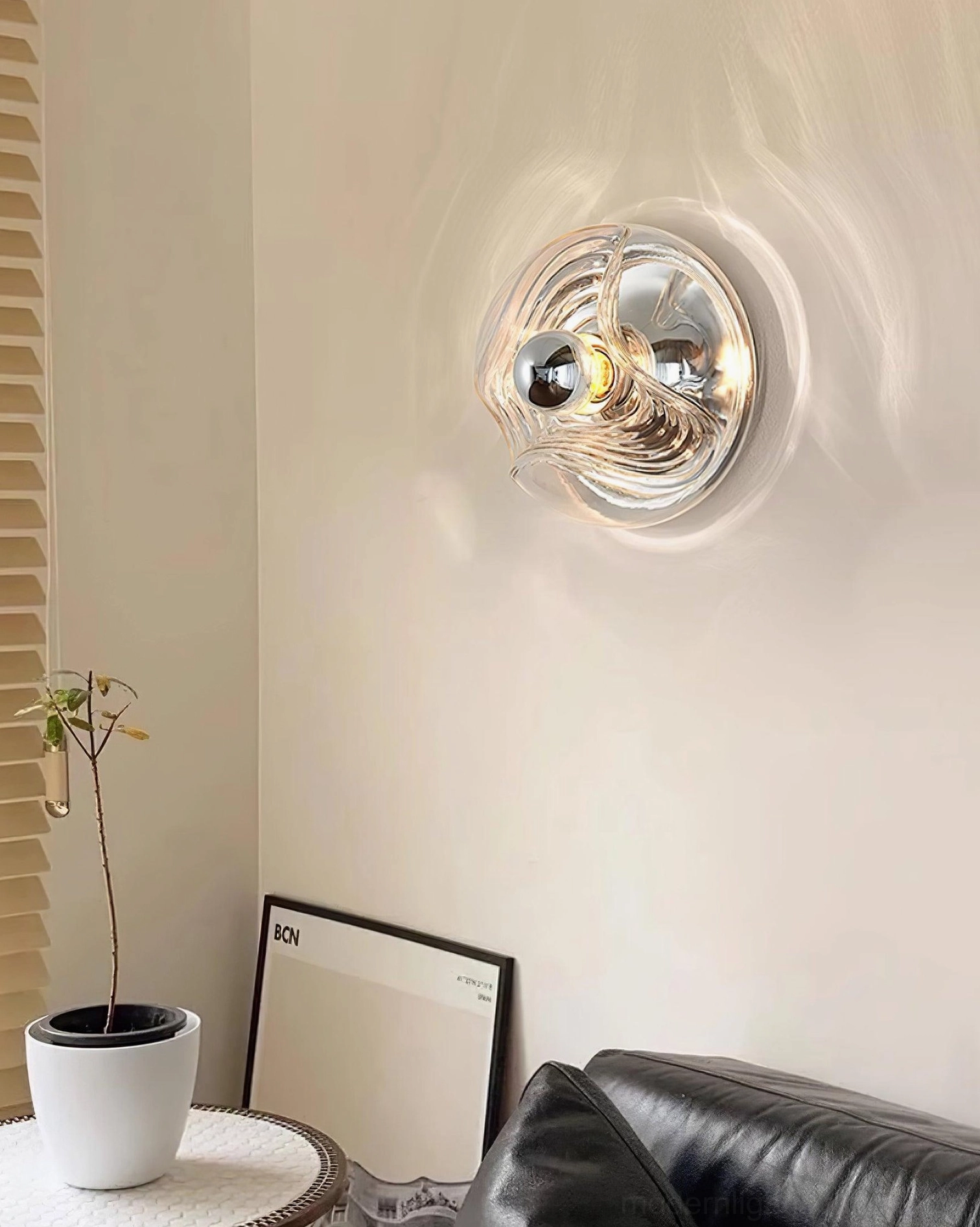 Modern ripple sconce amber glass warm light bedroom nightstand setup