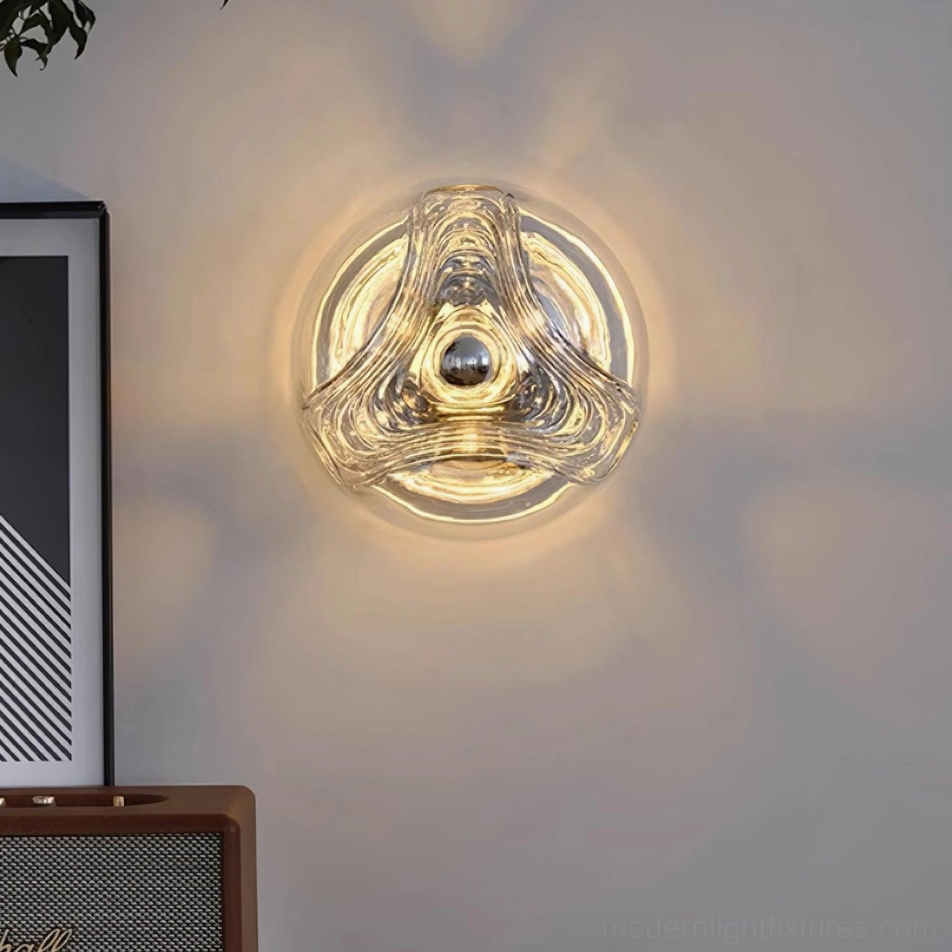 Modern wave sconce illuminated in bedroom ambient lighting setup