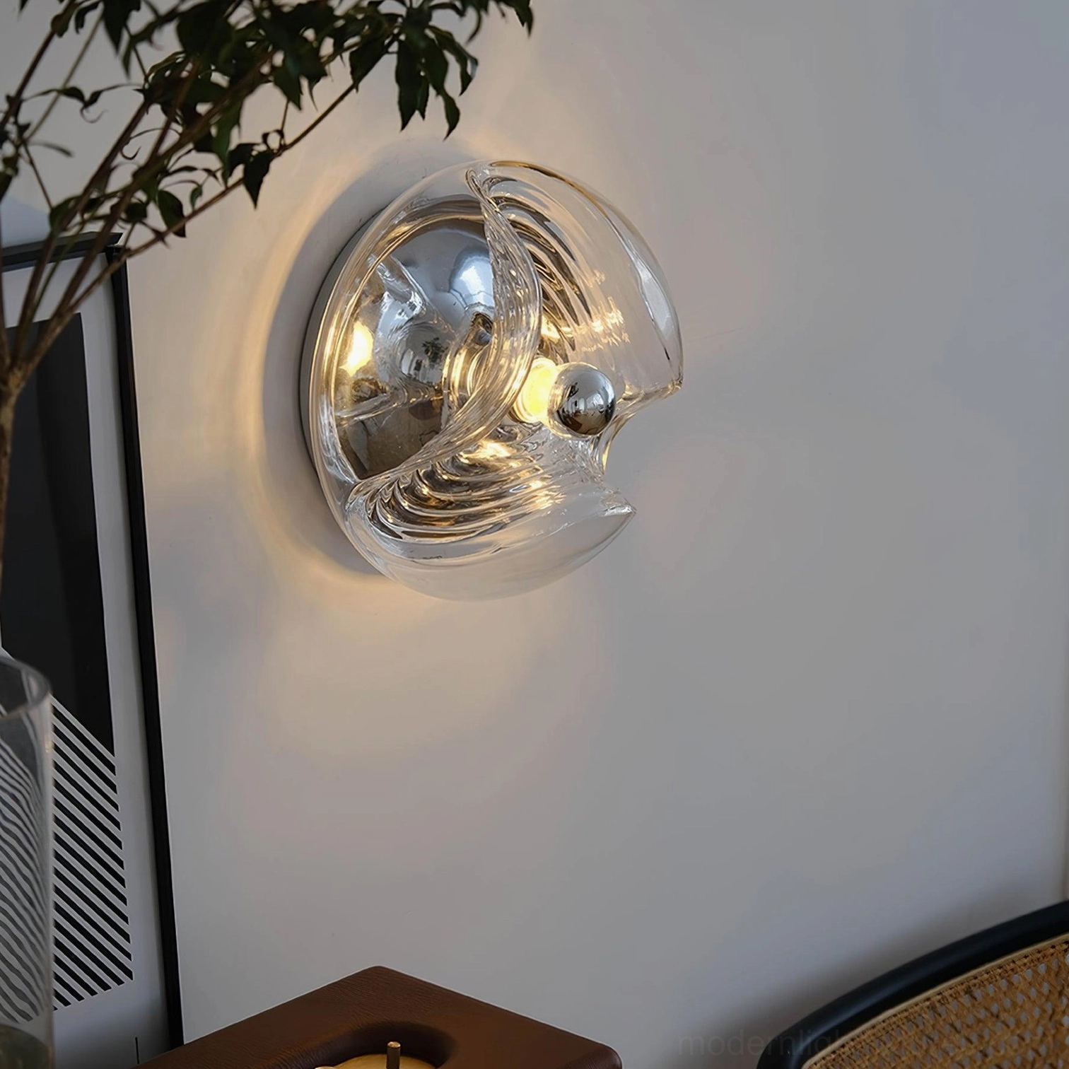 Leisa ripple glass wall sconce side close-up chrome and clear glass detail