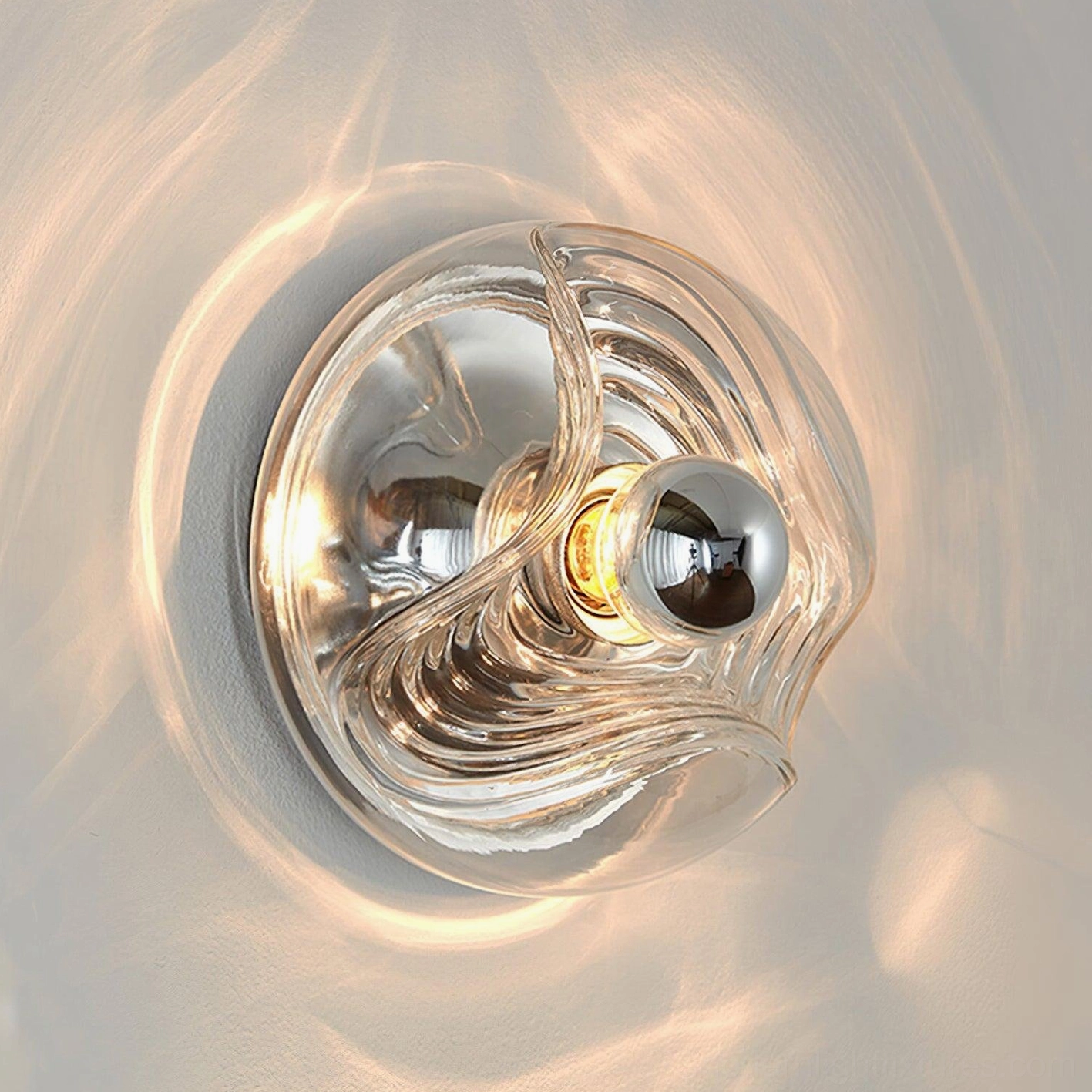 Modern wave sconce close-up overhead view with warm ambient lighting effect