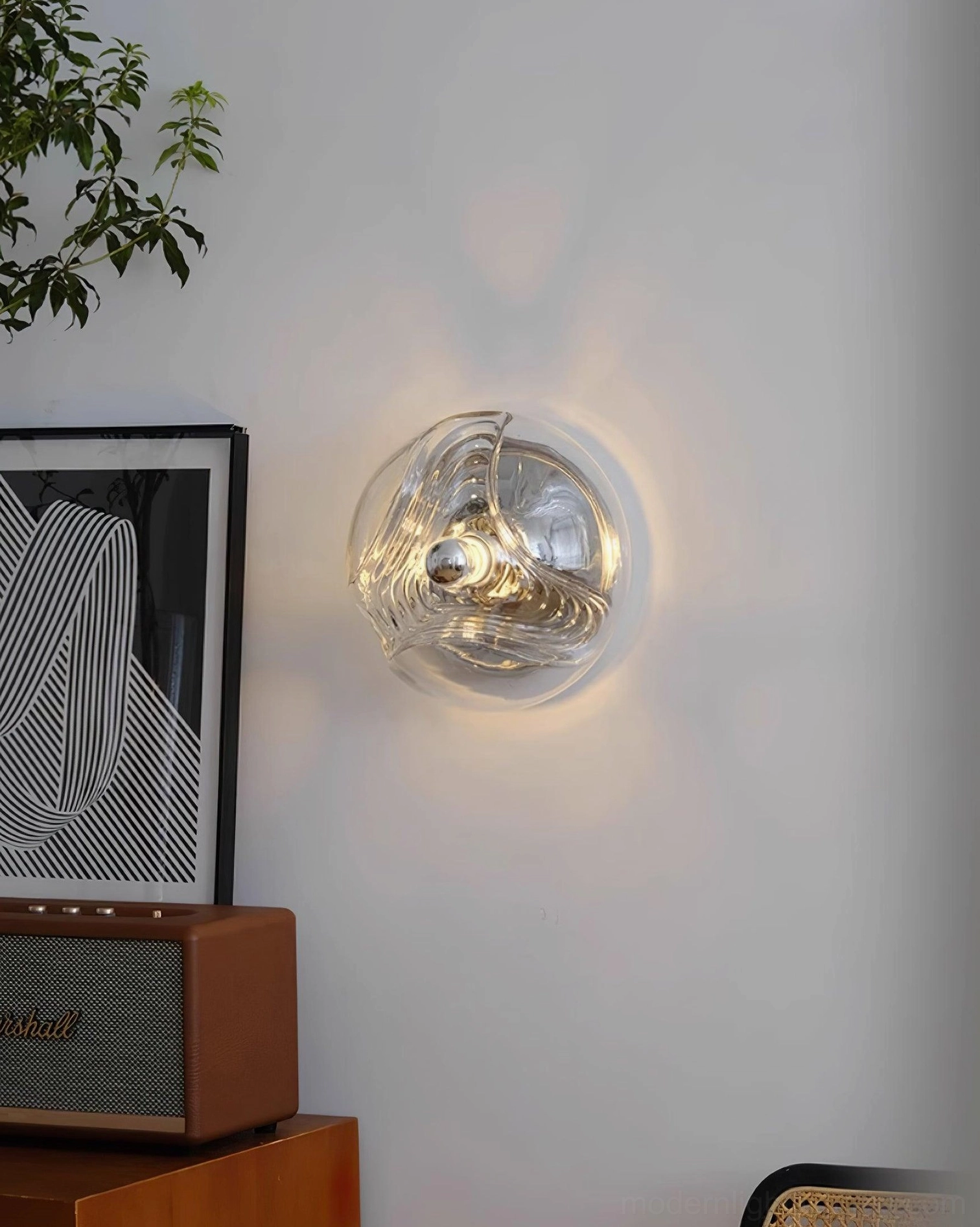 Leisa ripple glass wall sconce in contemporary living room accent lighting