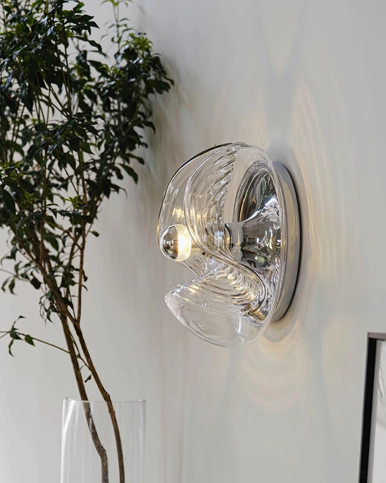 Leisa glass sconce paired symmetrical hallway wall installation detail