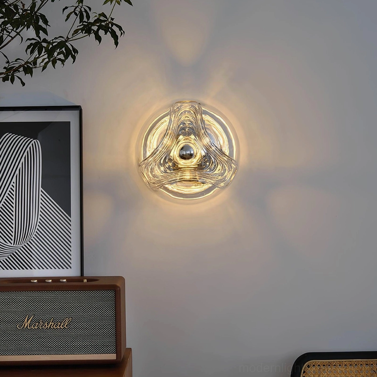 Leisa glass wall sconce mounted in retro home living space with vintage decor