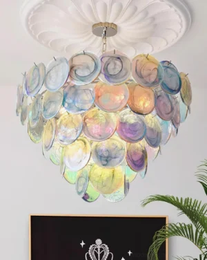 Lelaina iridescent glass disc chandelier installed in residential living room ceiling view