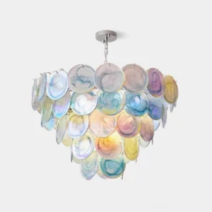 Lelaina multicolor hand-blown glass disc chandelier front view studio shot