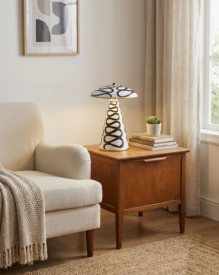 Black and white hand-painted ceramic lamp in bay window corner with sheer linen curtains and succulent plant decor