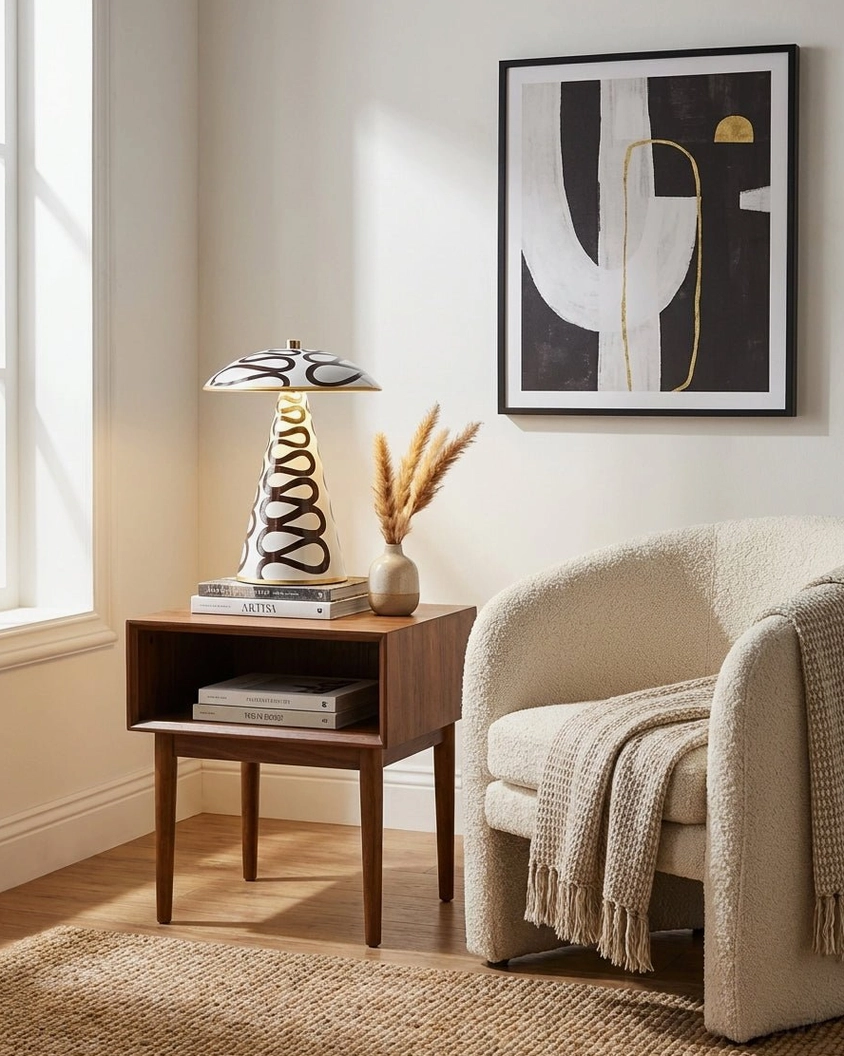Black and white spiral mushroom ceramic table lamp on minimalist living room side table with abstract wall art