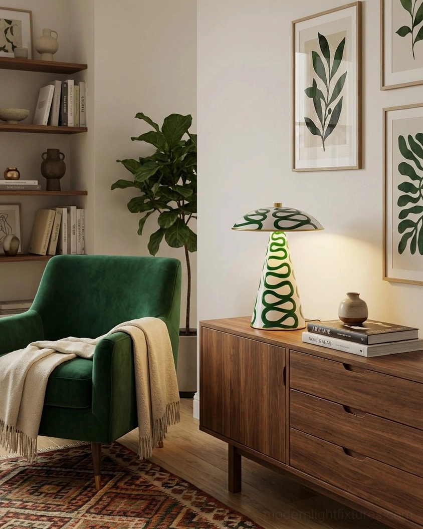 Green hand-painted ceramic mushroom lamp paired with emerald green armchair and botanical wall art in cozy living room