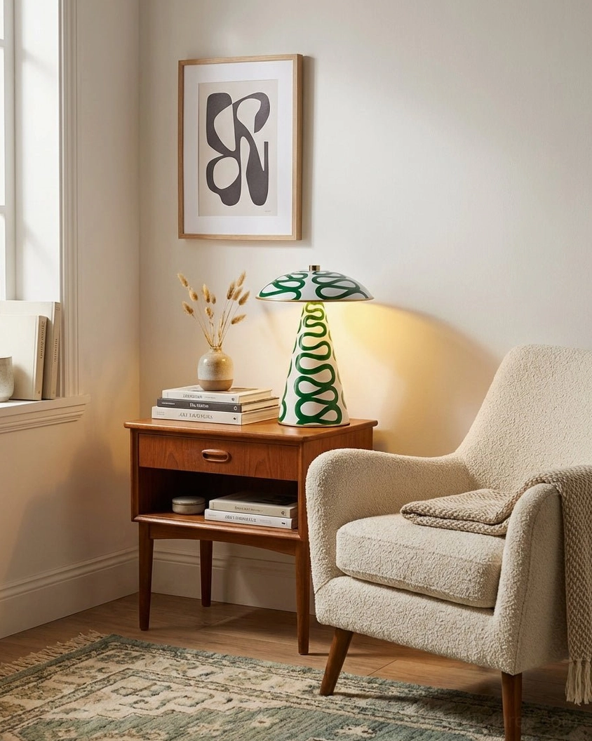 Green spiral table lamp on wooden side cabinet with boucle armchair in small apartment living space