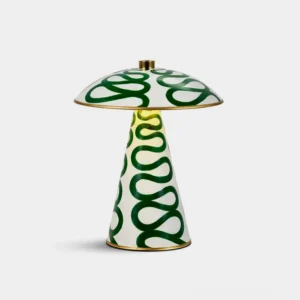 Lemora hand-painted mushroom ceramic table lamp front view with spiral pattern and metallic trim detail