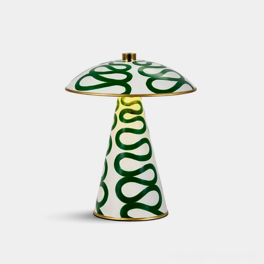 Lemora hand-painted mushroom ceramic table lamp front view with spiral pattern and metallic trim detail
