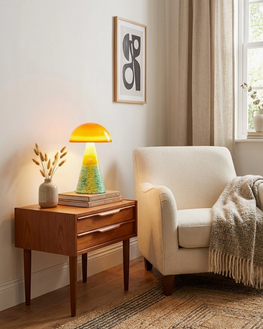 Lemora ceramic table lamp size comparison Model A and Model B hand-painted mushroom design detail view