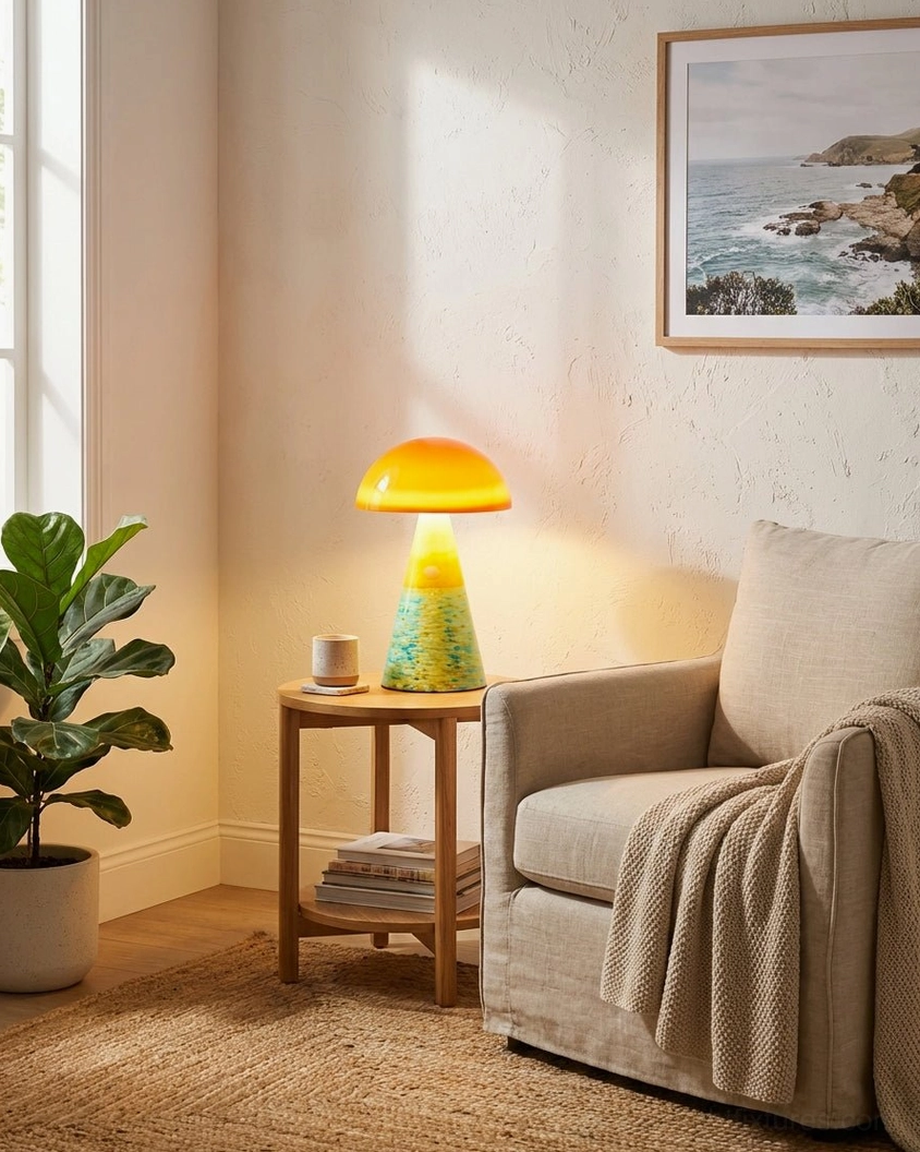 Ombre ceramic mushroom lamp in sunlit coastal-style living corner with potted floor plant and landscape wall art